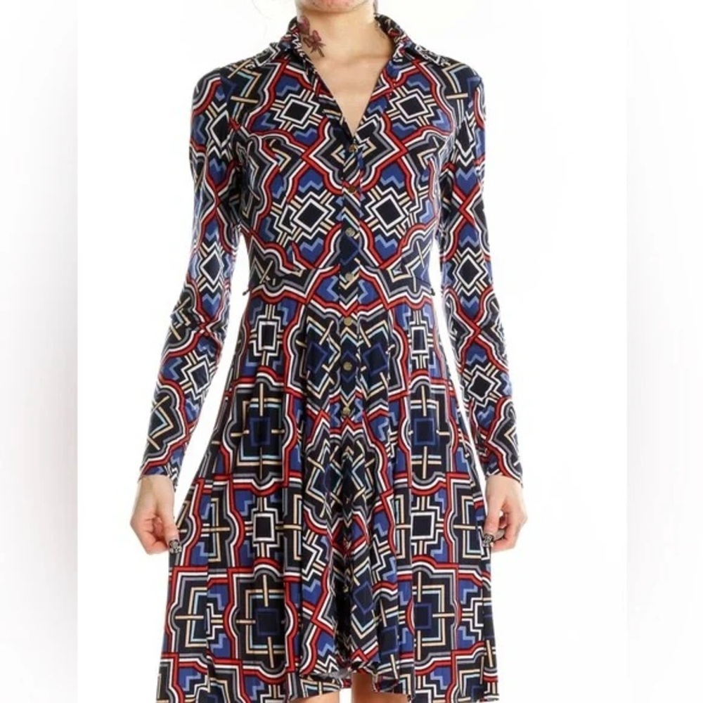 Cache Navy Blue Orange Geo Print A Line Shirt dress Career Cocktail Chic Sz 14